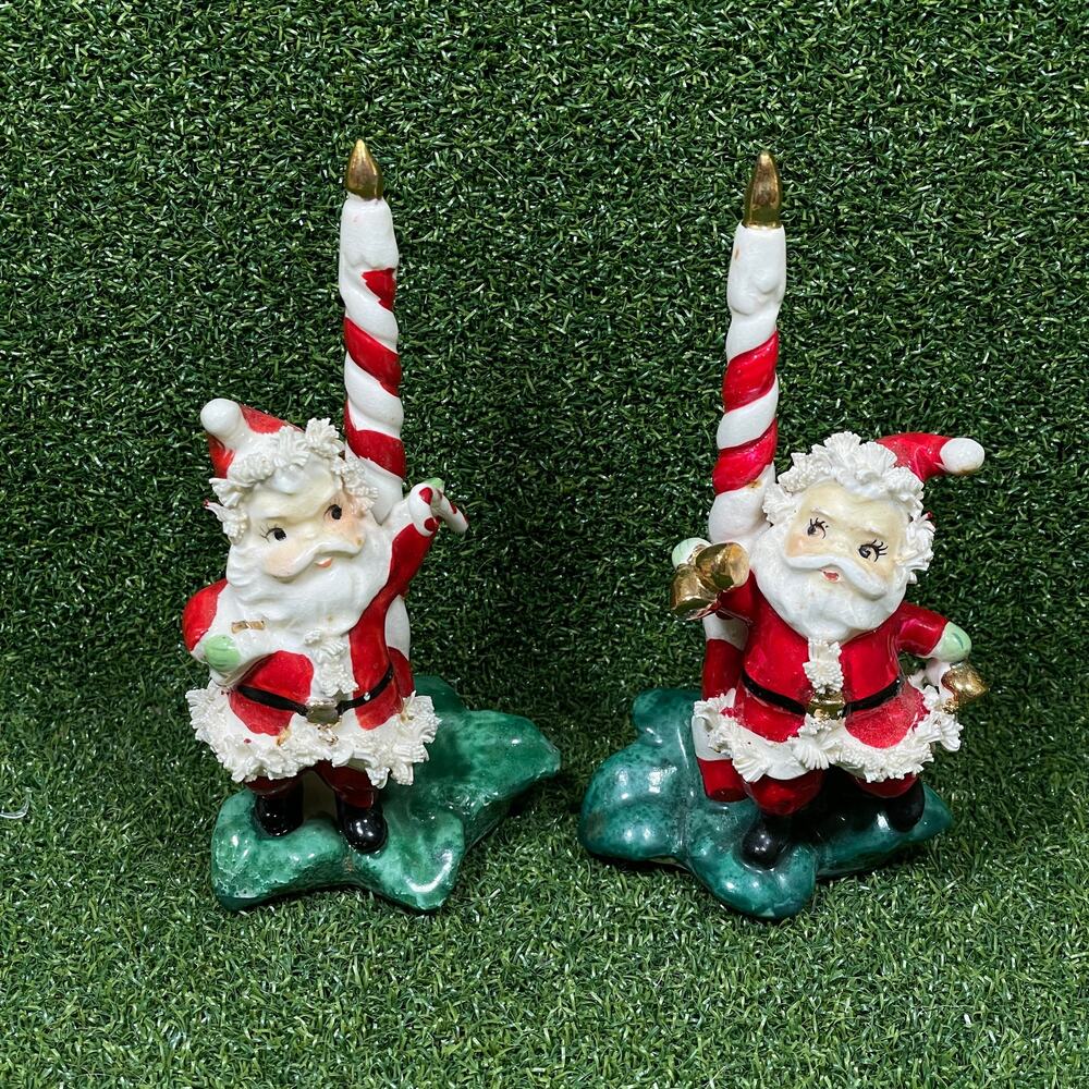 Vintage Thames Japan Santa Candle Holders Pair Spaghetti Trim Candy Cane MCM